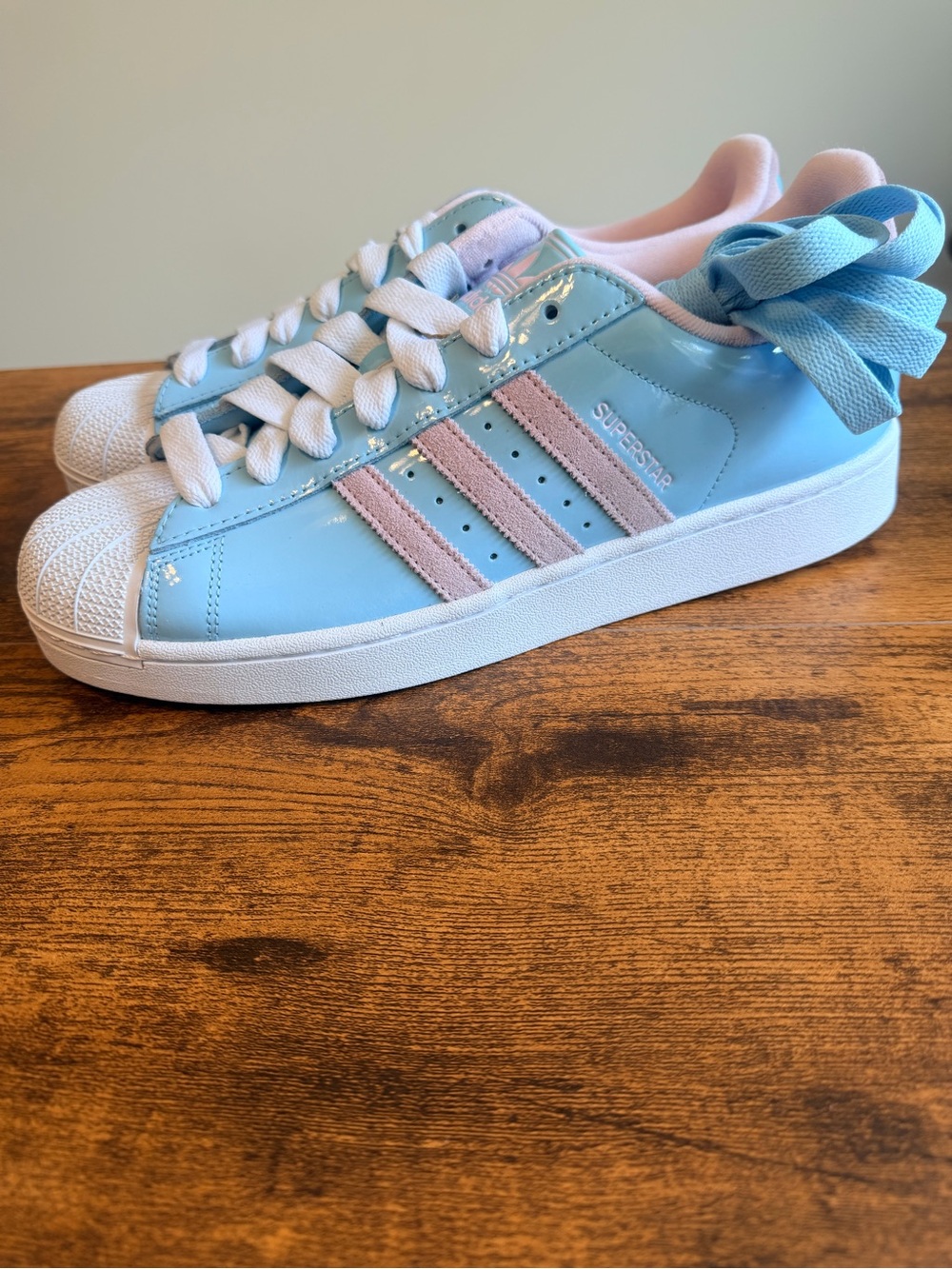 Adidas Men’s Superstar Sneakers - Light Blue with Pink Stripes 13M
